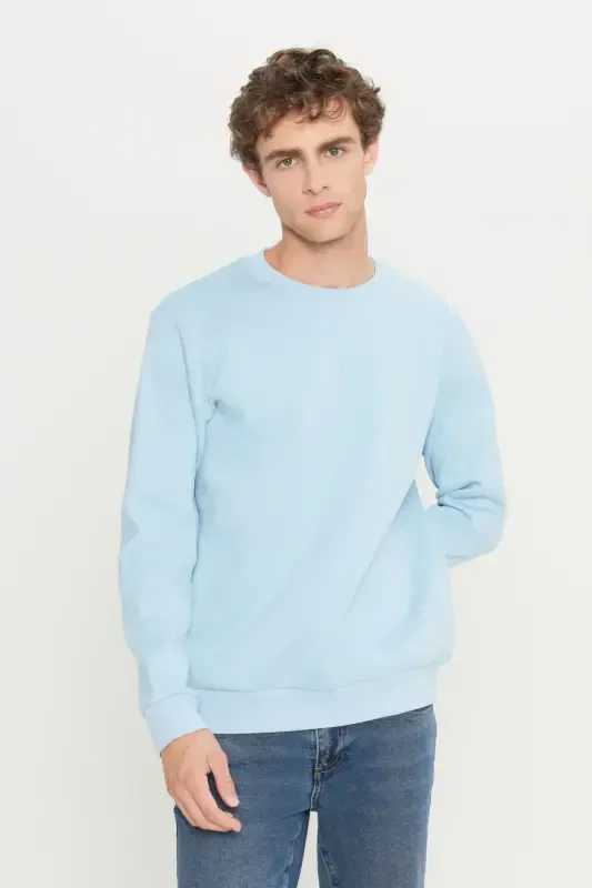 Men's Light Blue Standard Fit Regular Fit Fleece Lined 3 Thread Crew Neck Cotton Sweatshirt - Light Blue - AC&CO / ALTINYILDIZ CLASSICS