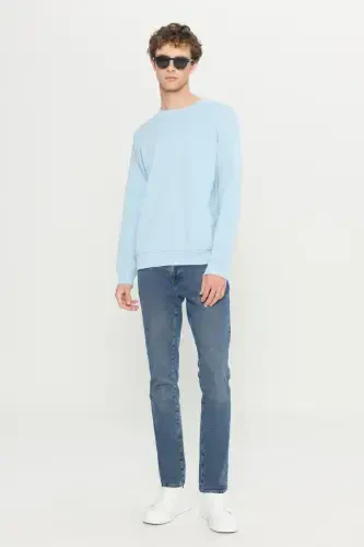 Men's Light Blue Standard Fit Regular Fit Fleece Lined 3 Thread Crew Neck Cotton Sweatshirt - Light Blue - AC&CO / ALTINYILDIZ CLASSICS (1)