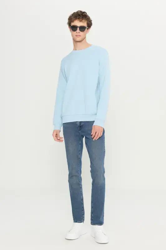 Men's Light Blue Standard Fit Regular Fit Fleece Lined 3 Thread Crew Neck Cotton Sweatshirt - Light Blue - 2