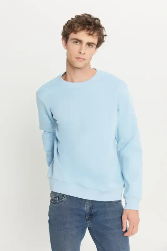 Men's Light Blue Standard Fit Regular Fit Fleece Lined 3 Thread Crew Neck Cotton Sweatshirt - Light Blue - 3