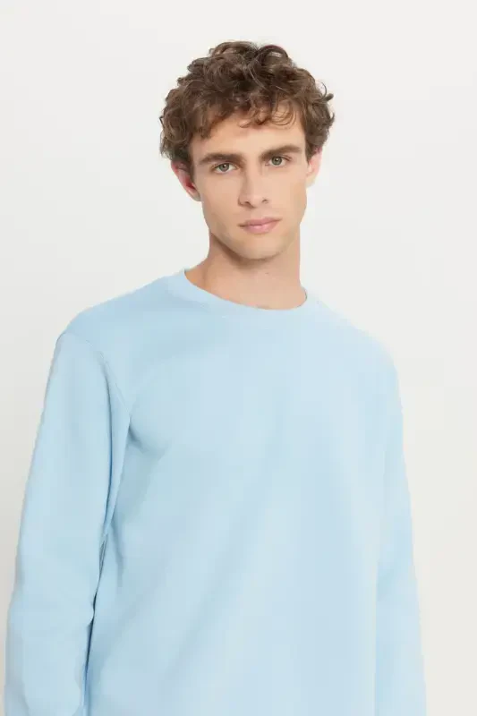 Men's Light Blue Standard Fit Regular Fit Fleece Lined 3 Thread Crew Neck Cotton Sweatshirt - Light Blue - 4