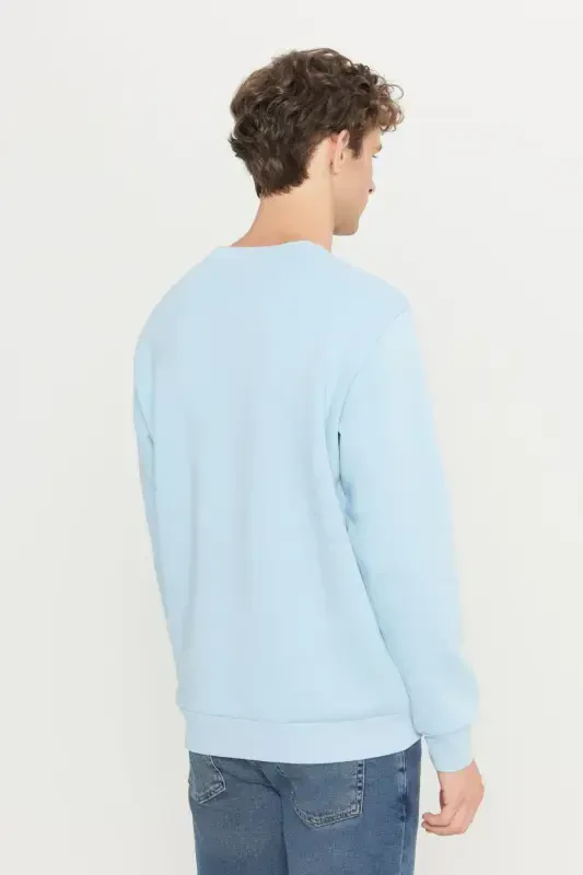 Men's Light Blue Standard Fit Regular Fit Fleece Lined 3 Thread Crew Neck Cotton Sweatshirt - Light Blue - 5
