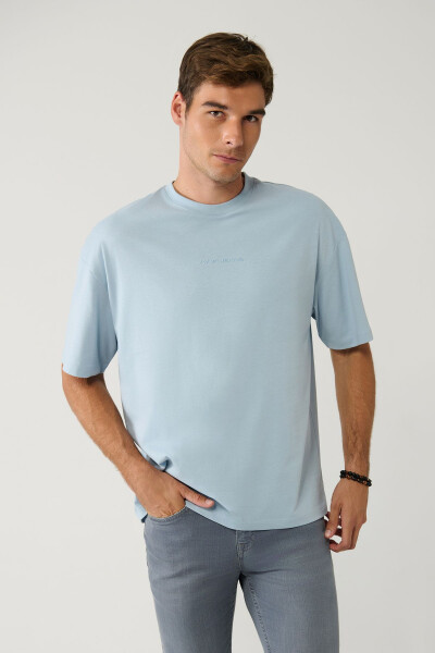 Men's Light Blue T-shirt Polo Collar Printed Cotton Oversize E001037 - 15