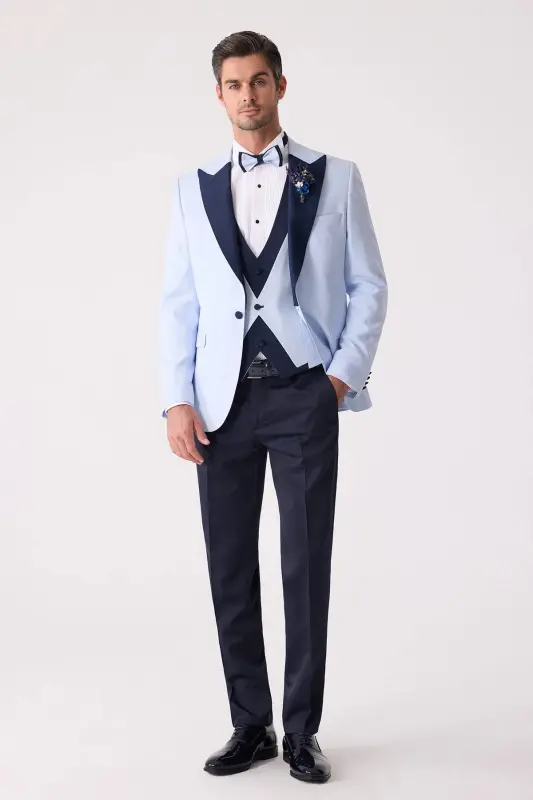 Men's Light Blue Vest Swallow Collar Slim Fit Groom Suit - YSF
