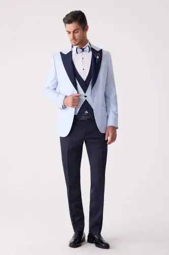 Men's Light Blue Vest Swallow Collar Slim Fit Groom Suit - 3