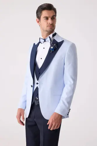 Men's Light Blue Vest Swallow Collar Slim Fit Groom Suit - 7