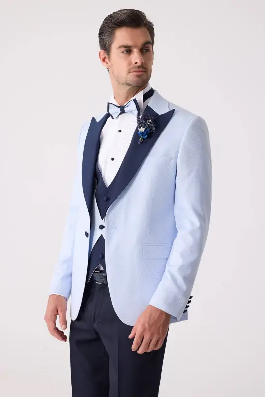 Men's Light Blue Vest Swallow Collar Slim Fit Groom Suit - 7