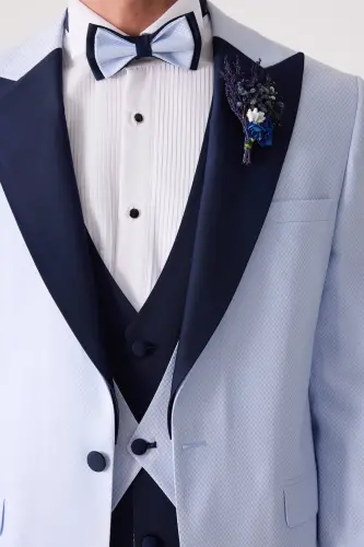 Men's Light Blue Vest Swallow Collar Slim Fit Groom Suit - 8