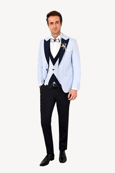 Men's Light Blue Vest Swallow Collar Slim Fit Groom Suit - 6