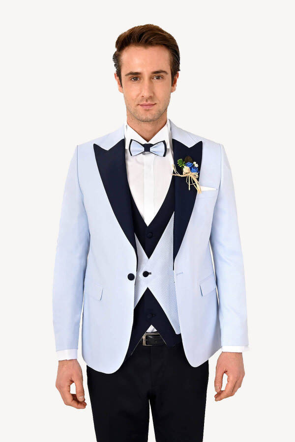 Men's Light Blue Vest Swallow Collar Slim Fit Groom Suit - 7