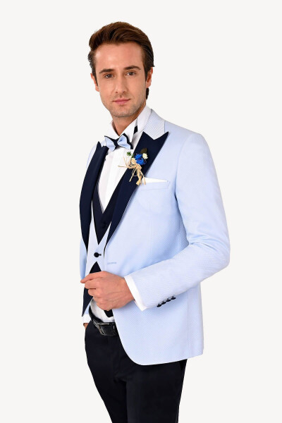 Men's Light Blue Vest Swallow Collar Slim Fit Groom Suit - 8