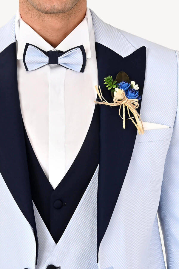 Men's Light Blue Vest Swallow Collar Slim Fit Groom Suit - 9