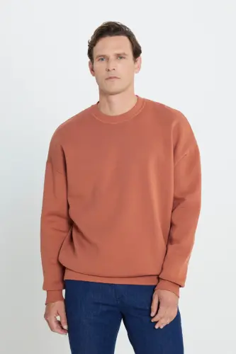 Men's Light Brown Oversize Fit Loose Cut Cotton Fleece Lined 3-Thread Crew Neck Sweatshirt - Brown - 1