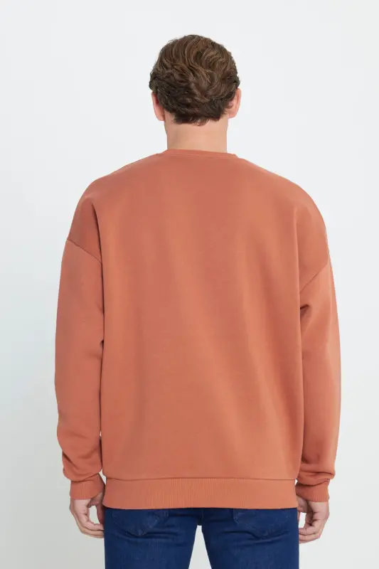 Men's Light Brown Oversize Fit Loose Cut Cotton Fleece Lined 3-Thread Crew Neck Sweatshirt - Brown - 5