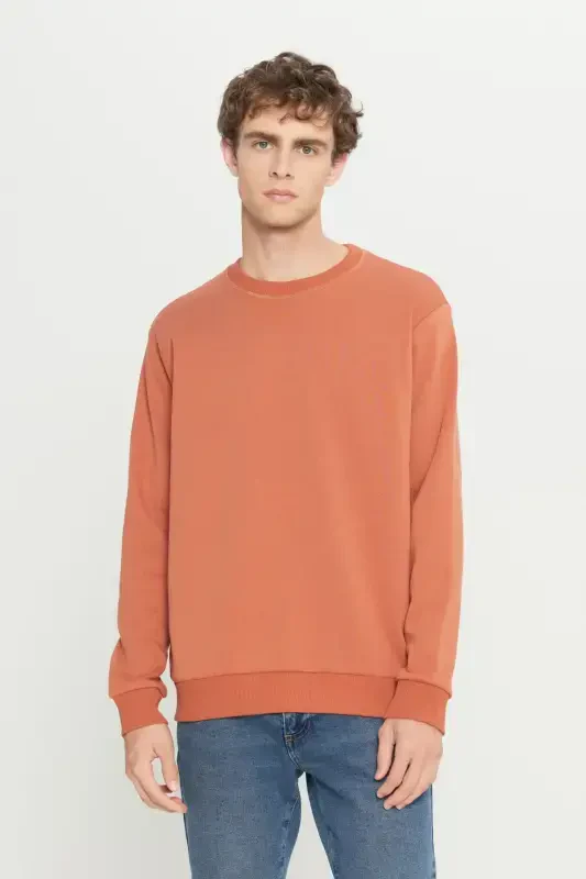 Men's Light Brown Standard Fit Regular Fit Fleece Lined 3 Thread Crew Neck Sweatshirt-Brown - AC&CO / ALTINYILDIZ CLASSICS