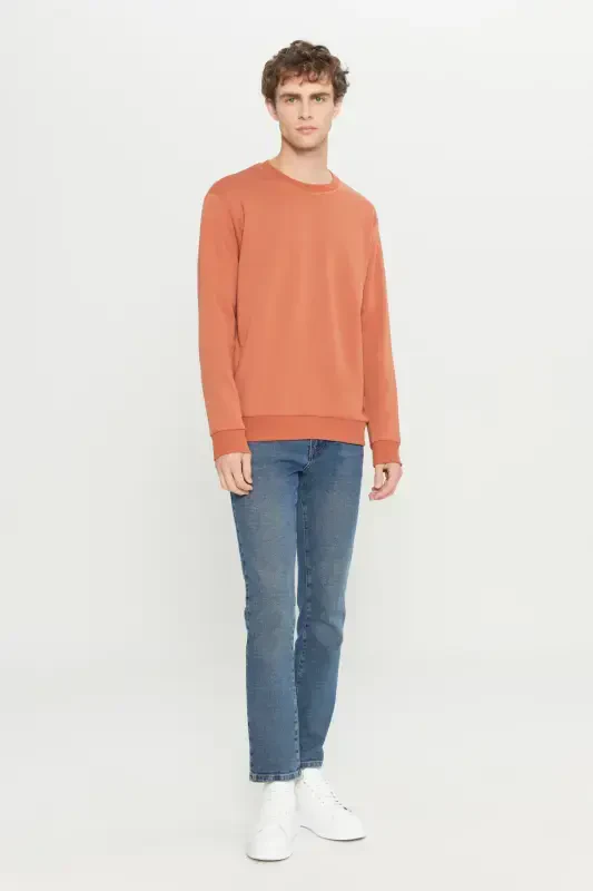 Men's Light Brown Standard Fit Regular Fit Fleece Lined 3 Thread Crew Neck Sweatshirt-Brown - 2