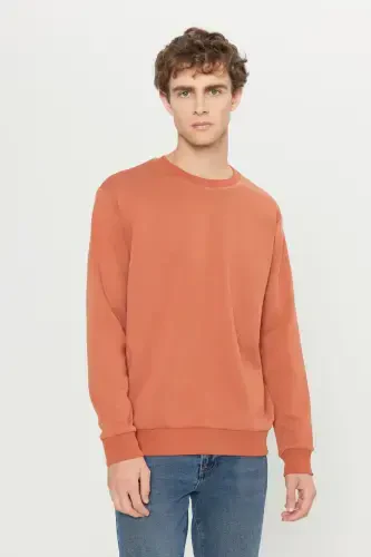 Men's Light Brown Standard Fit Regular Fit Fleece Lined 3 Thread Crew Neck Sweatshirt-Brown - 3