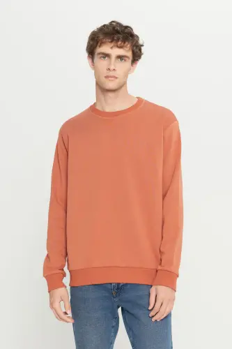 Men's Light Brown Standard Fit Regular Fit Fleece Lined 3 Thread Crew Neck Sweatshirt-Brown - AC&CO / ALTINYILDIZ CLASSICS (1)