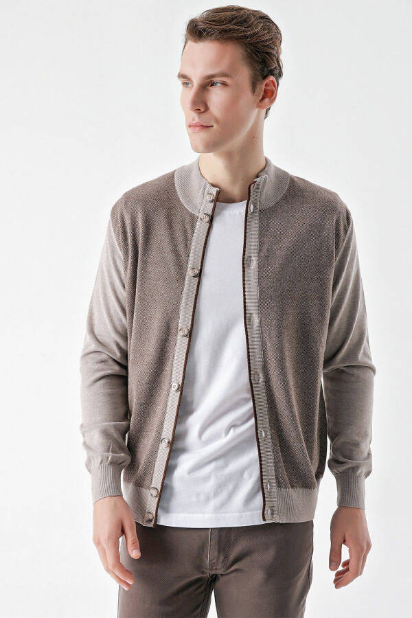 Men's LIGHT BROWN Trendy Bird's Eye Buttoned Knit Cardigan - 11