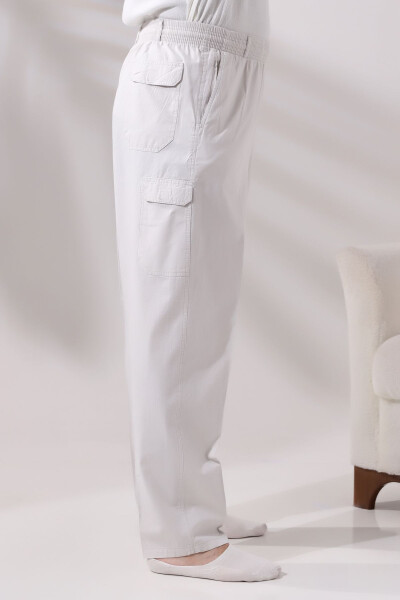 Men's Light Cream Relaxed Fit Side Pockets Elastic Waist Cargo Hajj and Umrah Pants - 3