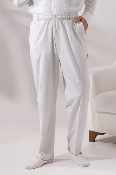 Men's Light Cream Relaxed Fit Side Pockets Elastic Waist Cargo Hajj and Umrah Pants - Modazone