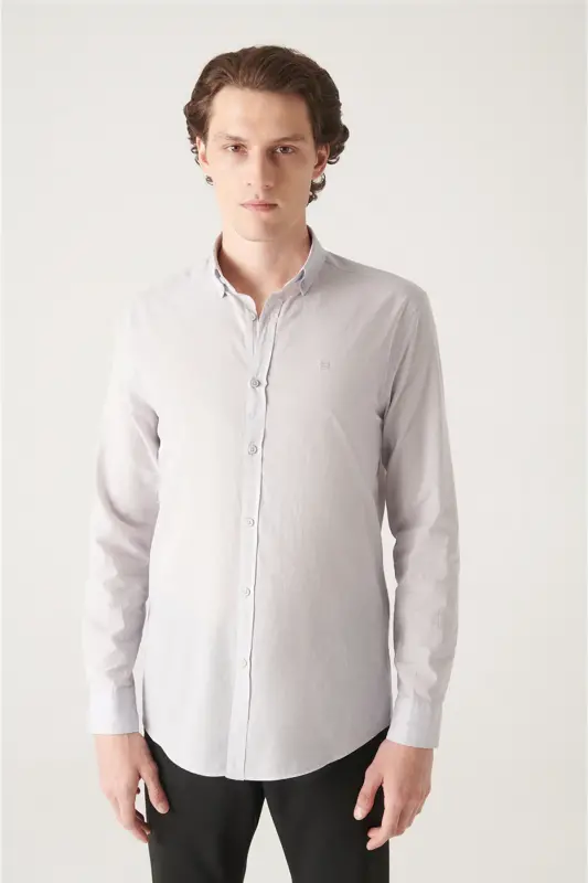Men's Light Gray 100% Cotton Fine Soft Touch Button-Down Collar Shirt E002206-Light Gray - AVVA