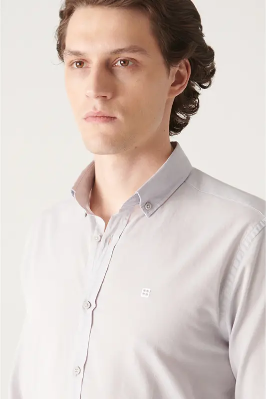 Men's Light Gray 100% Cotton Fine Soft Touch Button-Down Collar Shirt E002206-Light Gray - 2