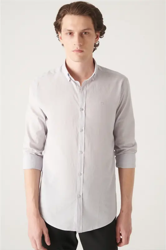 Men's Light Gray 100% Cotton Fine Soft Touch Button-Down Collar Shirt E002206-Light Gray - 3