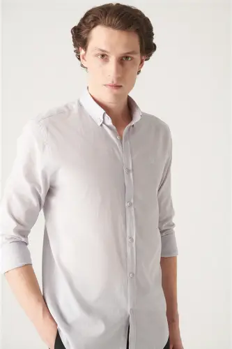 Men's Light Gray 100% Cotton Fine Soft Touch Button-Down Collar Shirt E002206-Light Gray - 5