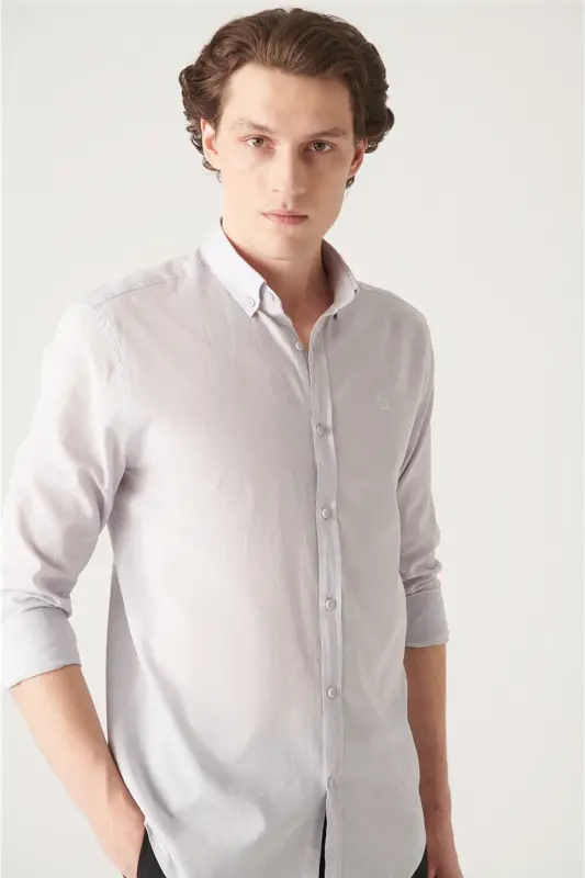 Men's Light Gray 100% Cotton Fine Soft Touch Button-Down Collar Shirt E002206-Light Gray - 5