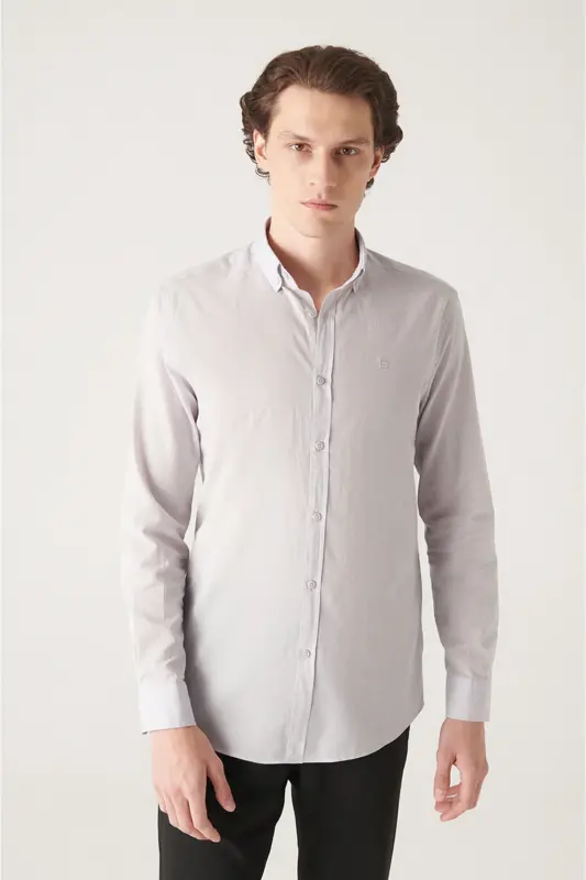 Men's Light Gray 100% Cotton Fine Soft Touch Button-Down Collar Shirt E002206-Light Gray - 6