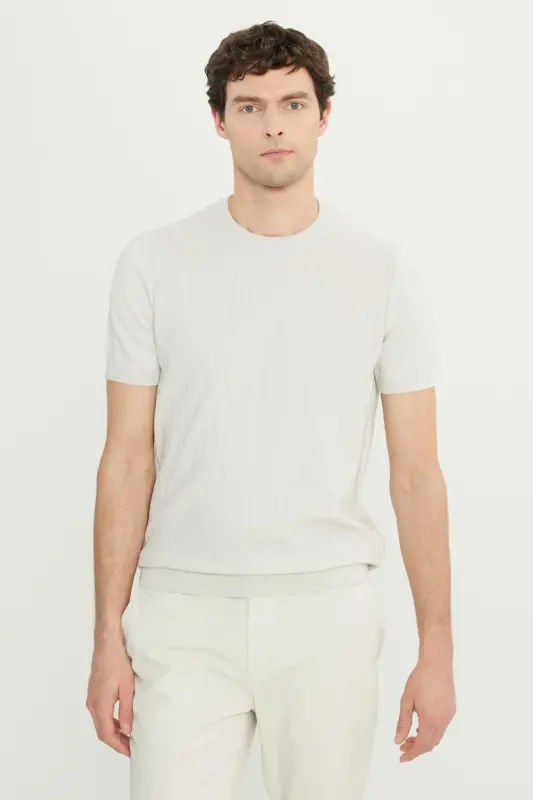 Men's Light Gray 100% Cotton Standard Fit Regular Cut Crew Neck Jacquard Knitted T-Shirt - 1