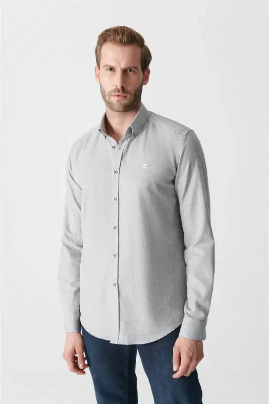 Men's Light Gray Basic Button-Down Collar Cotton Shirt E - 1