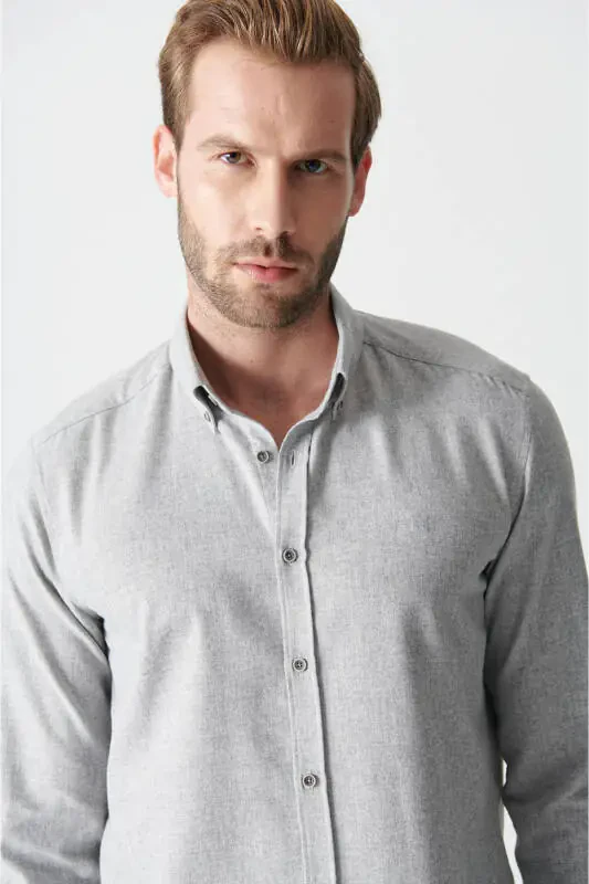 Men's Light Gray Basic Button-Down Collar Cotton Shirt E - 2