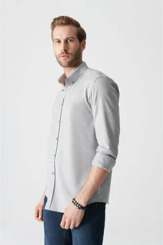 Men's Light Gray Basic Button-Down Collar Cotton Shirt E - 3