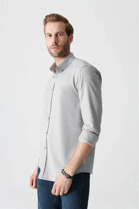 Men's Light Gray Basic Button-Down Collar Cotton Shirt E - 3