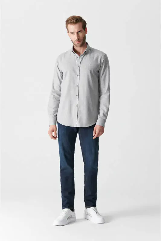 Men's Light Gray Basic Button-Down Collar Cotton Shirt E - 5