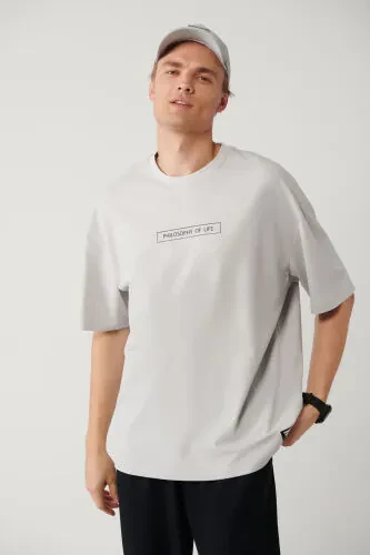 Men's Light Gray Crew Neck Printed Oversized T-shirt A41y1173 - Avva