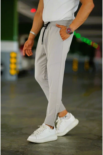 Men's Light Gray Elastic Waist Drawstring Patterned Stretch Slim Fit Jogger Pants - CEYHANPARK