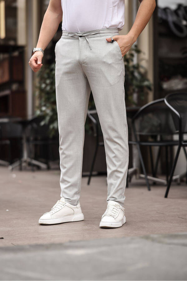 Men's Light Gray Jogger Cut Elastic Waistband Stretchy Lycra Slim Fit Fabric Trousers - 1