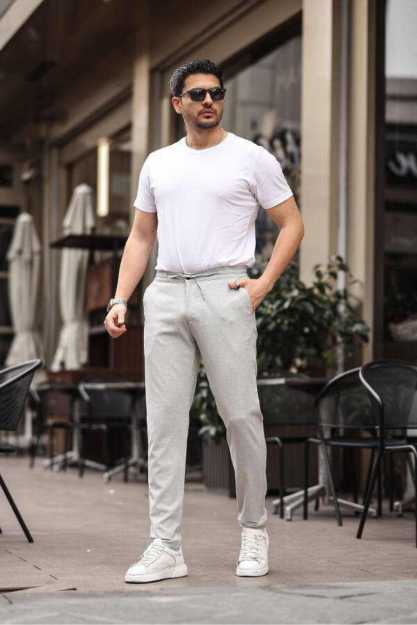 Men's Light Gray Jogger Cut Elastic Waistband Stretchy Lycra Slim Fit Fabric Trousers - 3