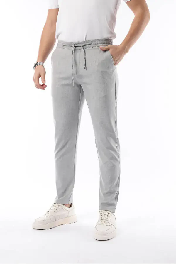 Men's Light Gray Jogger Cut Elastic Waistband Stretchy Lycra Slim Fit Fabric Trousers - 1