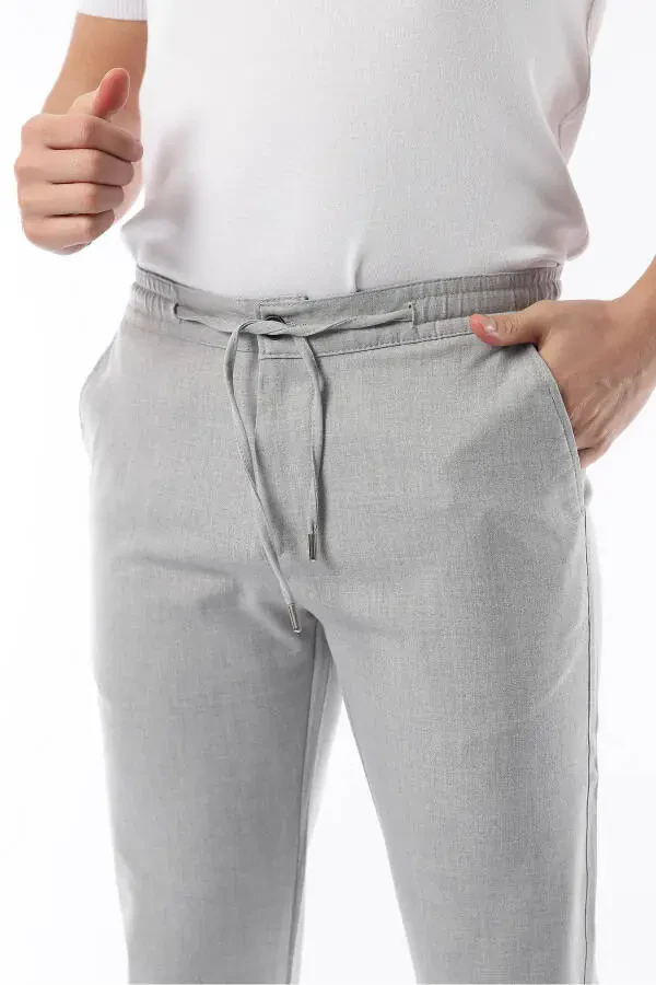 Men's Light Gray Jogger Cut Elastic Waistband Stretchy Lycra Slim Fit Fabric Trousers - 2