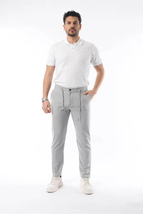 Men's Light Gray Jogger Cut Elastic Waistband Stretchy Lycra Slim Fit Fabric Trousers - 3
