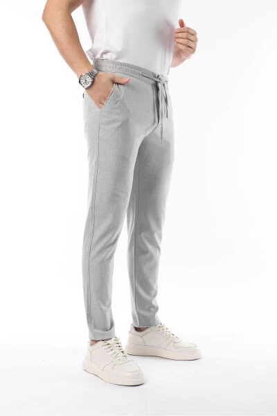 Men's Light Gray Jogger Cut Elastic Waistband Stretchy Lycra Slim Fit Fabric Trousers - 4