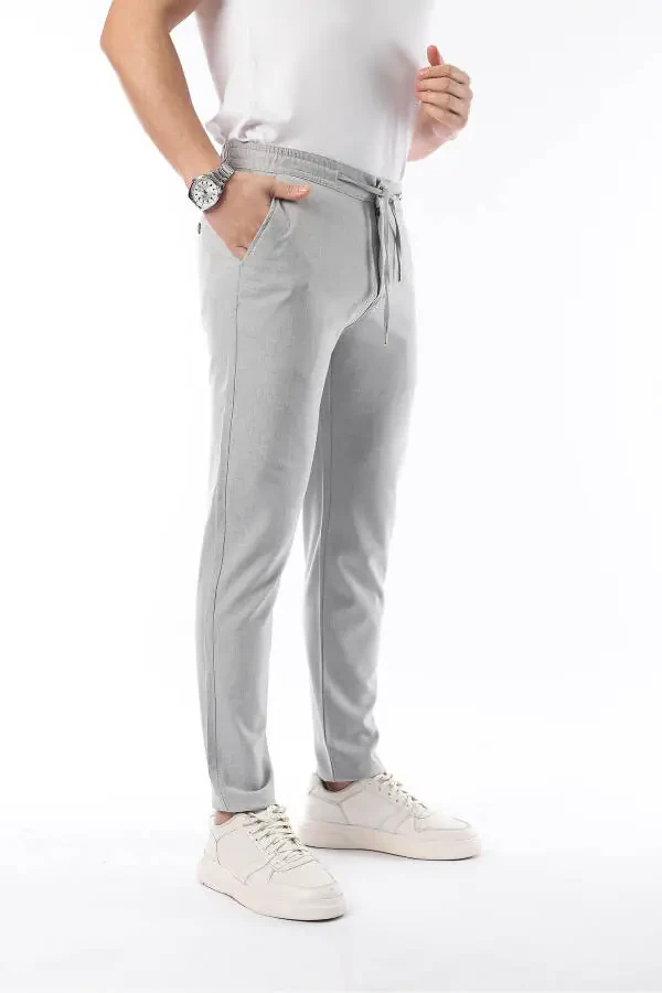 Men's Light Gray Jogger Cut Elastic Waistband Stretchy Lycra Slim Fit Fabric Trousers - 4