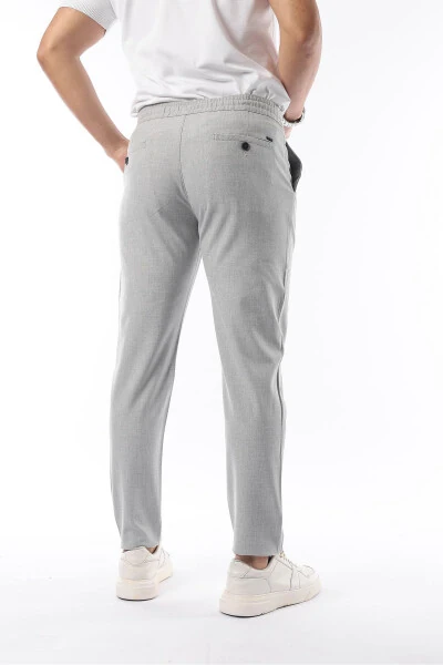 Men's Light Gray Jogger Cut Elastic Waistband Stretchy Lycra Slim Fit Fabric Trousers - 5