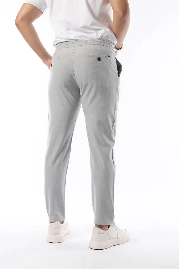 Men's Light Gray Jogger Cut Elastic Waistband Stretchy Lycra Slim Fit Fabric Trousers - 5