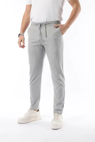 Men's Light Gray Jogger Cut Elastic Waistband Stretchy Lycra Slim Fit Fabric Trousers 