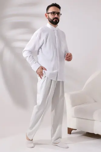Men's Light Gray Relaxed Fit Drawstring Waist Linen Ihram Pants - IHVAN ONLINE (1)